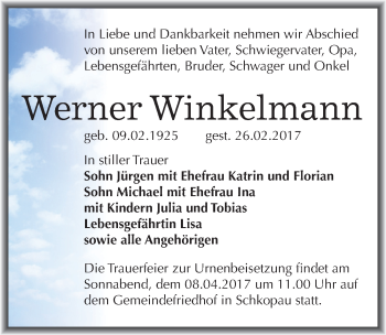 Traueranzeige von Werner Winkelmann von Mitteldeutsche Zeitung Merseburg/Querfurt