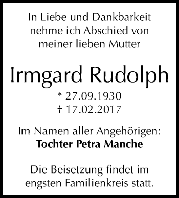 Traueranzeige von Irmgard Rudolph von Mitteldeutsche Zeitung Halle/Saalkreis