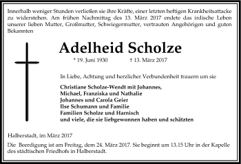 Traueranzeige von Adelheid Scholze von Mitteldeutsche Zeitung Mansfelder Land