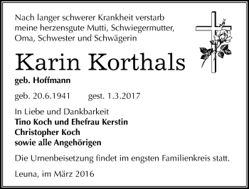 Traueranzeige von Karin Korthals von Mitteldeutsche Zeitung Merseburg/Querfurt