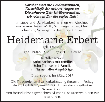 Traueranzeige von Heidemarie Erbert von Mitteldeutsche Zeitung Merseburg/Querfurt