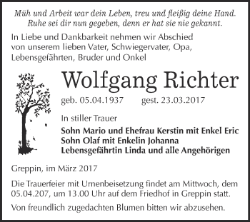 Traueranzeige von Wolfgang Richter von WVG - Wochenspiegel Bitterfeld