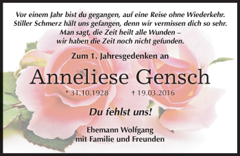 Traueranzeige von Anneliese Gensch von Mitteldeutsche Zeitung Dessau-Roßlau