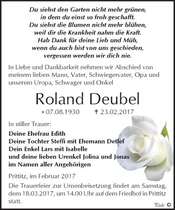 Traueranzeige von Roland Deubel von Mitteldeutsche Zeitung Weißenfels