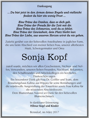 Traueranzeige von Sonja Kopf von Super Sonntag SGH Mansf. Land