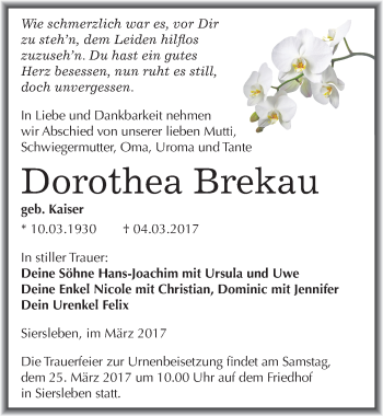 Traueranzeige von Dorothea Brekau von Mitteldeutsche Zeitung Mansfelder Land