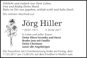 Traueranzeige von Jörg Hiller von WVG - Wochenspiegel Bitterfeld