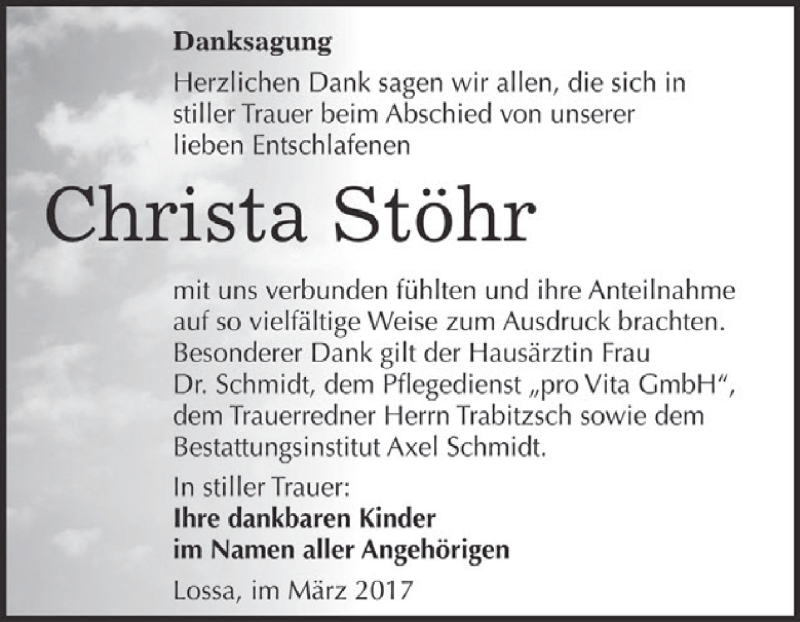  Traueranzeige für Christa Stöhr vom 15.03.2017 aus WVG - Wochenspiegel NMB / WSF / ZTZ