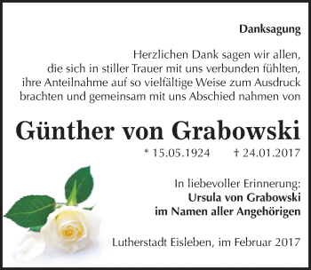 Traueranzeige von Günther von Grabowski von Mitteldeutsche Zeitung Mansfelder Land