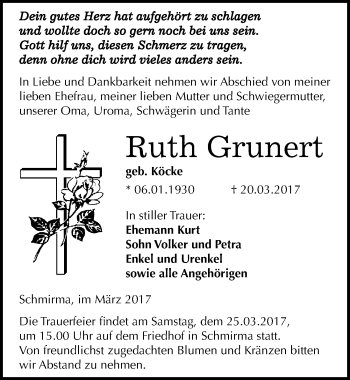 Traueranzeige von Ruth Grunert von Mitteldeutsche Zeitung Merseburg/Querfurt