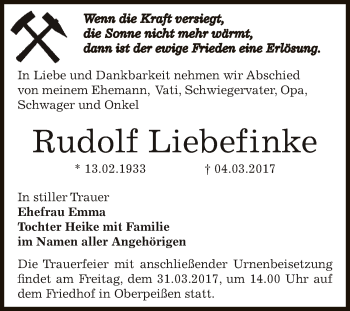 Traueranzeige von Rudolf Liebefinke von Super Sonntag Bernburg