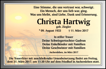 Traueranzeige von Christa Hartwig von Super Sonntag SGH Mansf. Land