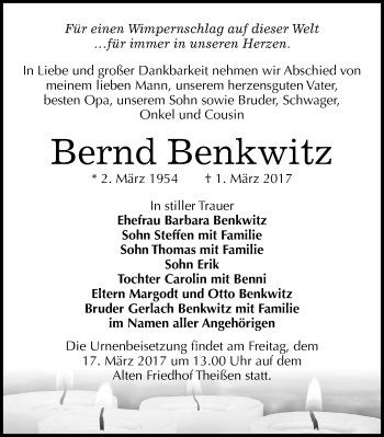 Traueranzeige von Bernd Benkwitz von Mitteldeutsche Zeitung Zeitz