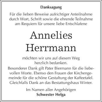 Traueranzeige von Annelies Herrmann von WVG - Wochenspiegel Bitterfeld