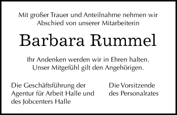Traueranzeige von Barbara Rummel von Mitteldeutsche Zeitung Halle/Saalkreis