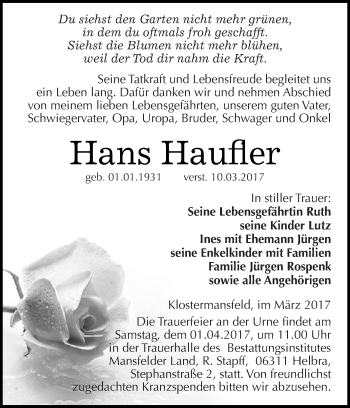 Traueranzeige von Hans Haufler von Super Sonntag SGH Mansf. Land