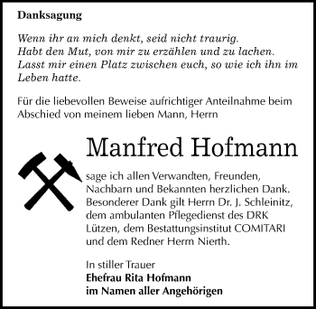 Traueranzeige von Manfred Hofmann von Mitteldeutsche Zeitung Weißenfels