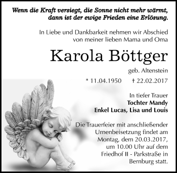 Traueranzeige von Karola Böttger von Mitteldeutsche Zeitung Bernburg