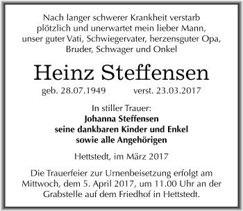 Traueranzeige von Heinz Steffensen von Mitteldeutsche Zeitung Mansfelder Land