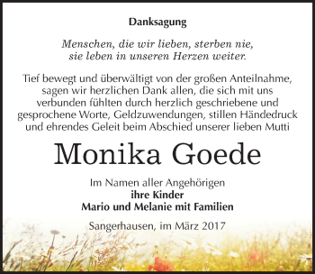 Traueranzeige von Monika Goede von Mitteldeutsche Zeitung Sangerhausen
