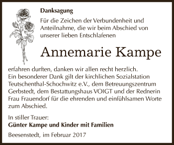 Traueranzeige von Annemarie Kampe von Super Sonntag SGH Mansf. Land