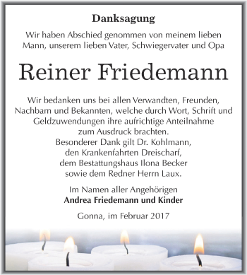 Traueranzeige von Reiner Friedemann von Super Sonntag SGH Mansf. Land