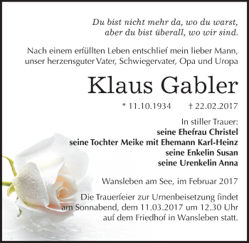 Traueranzeige von Klaus Gabler von Mitteldeutsche Zeitung Mansfelder Land