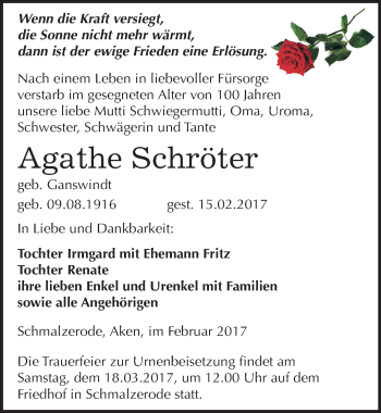 Traueranzeige von Agathe Schröter von Mitteldeutsche Zeitung Mansfelder Land