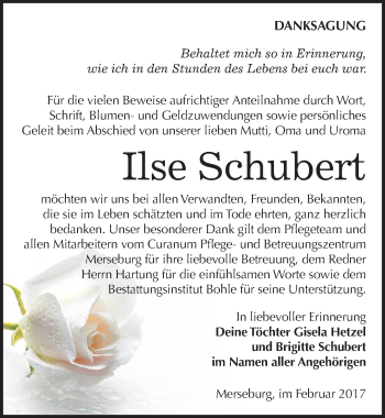 Traueranzeige von Ilse Schubert von Mitteldeutsche Zeitung Merseburg/Querfurt