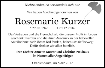 Traueranzeige von Rosemarie Kurzer von Mitteldeutsche Zeitung