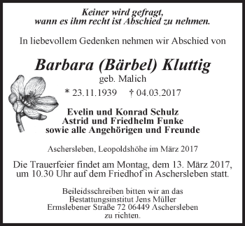 Traueranzeige von Barbara Kluttig von Mitteldeutsche Zeitung Aschersleben