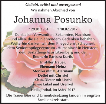 Traueranzeige von Johanna Posunko von Mitteldeutsche Zeitung Mansfelder Land