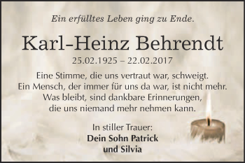 Traueranzeige von Karl-Heinz Behrendt von WVG - Wochenspiegel Bitterfeld