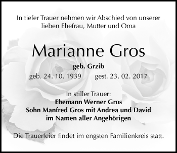 Traueranzeige von Marianne Gros von Mitteldeutsche Zeitung Halle/Saalkreis