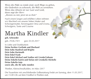 Traueranzeige von Martha Kindler von WVG - Wochenspiegel Halle