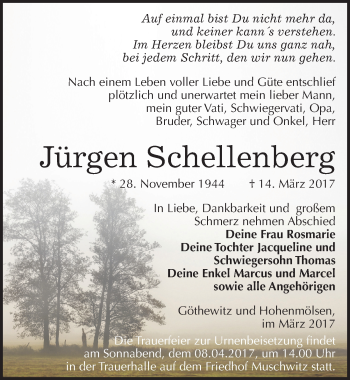 Traueranzeige von Jürgen Schellenberg von Mitteldeutsche Zeitung Weißenfels