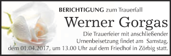 Traueranzeige von Werner Gorgas von WVG - Wochenspiegel Bitterfeld
