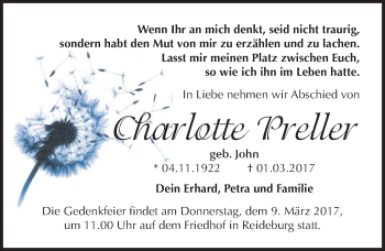 Traueranzeige von Charlotte Preller von Mitteldeutsche Zeitung Halle/Saalkreis