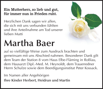 Traueranzeige von Martha Baer von Mitteldeutsche Zeitung Wittenberg