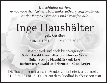 Traueranzeige von Inge Haushälter von Super Sonntag Halle