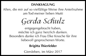 Traueranzeige von Gerda Schulz von Mitteldeutsche Zeitung Aschersleben