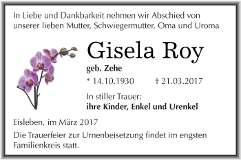Traueranzeige von Gisela Roy von Super Sonntag SGH Mansf. Land