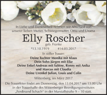 Traueranzeige von Elly  Roscher von Super Sonntag Wittenberg