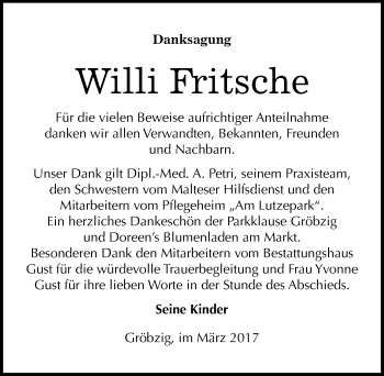 Traueranzeige von Willi Fritsche von Mitteldeutsche Zeitung Köthen