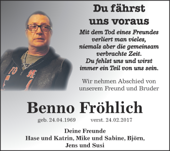 Traueranzeige von Benno Fröhlich von Super Sonntag Zeitz