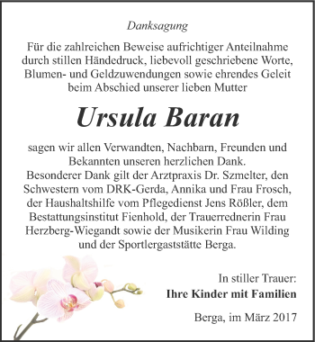 Traueranzeige von Ursula Baran von Mitteldeutsche Zeitung Sangerhausen