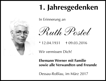 Traueranzeige von Ruth Postel von Mitteldeutsche Zeitung Dessau-Roßlau