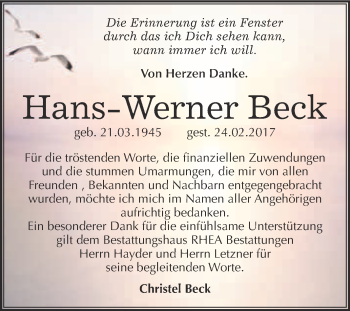 Traueranzeige von Hans-Werner Beck von Super Sonntag Halle