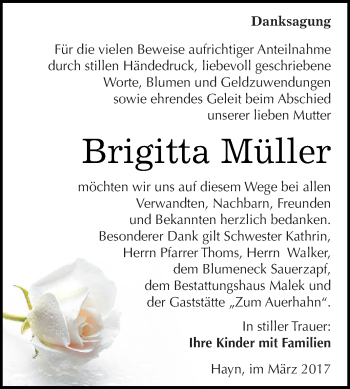 Traueranzeige von Brigitta Müller von Super Sonntag SGH Mansf. Land