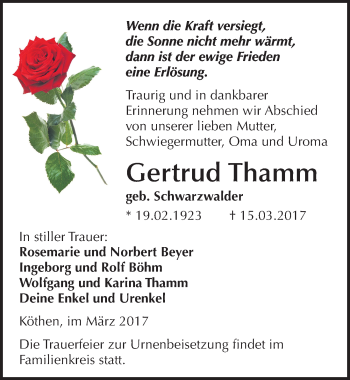 Traueranzeige von Gertrud Thamm von Mitteldeutsche Zeitung Köthen